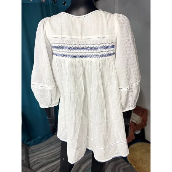 Free People White Embroidered Tunic Top 3/4 Sleeve Bohemian Smocked Cotton S